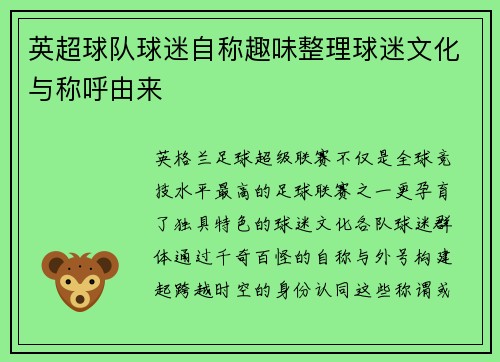 英超球队球迷自称趣味整理球迷文化与称呼由来